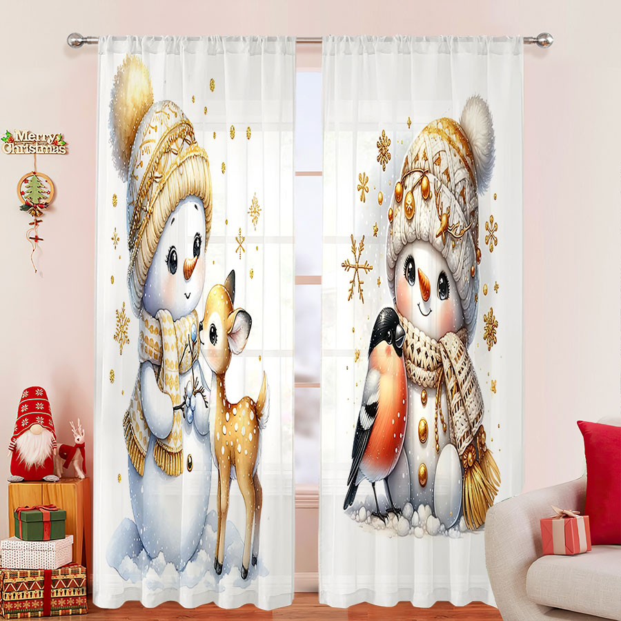 Curtain Sheer Voile - ผ้าม่านโปร่งแสงพิมพ์ลายดิจิทัล 2 ชิ้น ลายการ์ตูนสโนว์แมนน่ารัก ตกแต่งธีมคริสต์มาสและฤดูหนาว -