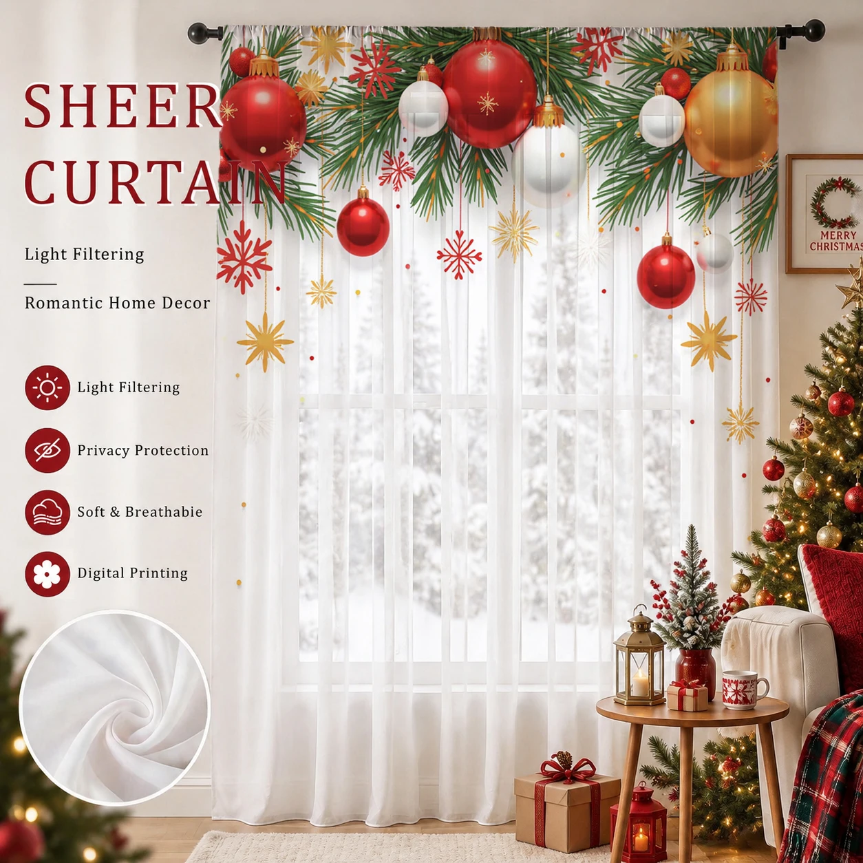 Curtain Sheer Voile - ผ้าม่านโปร่งไล่เฉดสีสำหรับวันคริสต์มาส คุณภาพดี ช่วยลดแสงและเพิ่มความเป็นส่วนตัว เหมาะสำหรับห้องนั่งเล่น/ห้องนอน/ห้องเด็ก ของขวัญวันแม่