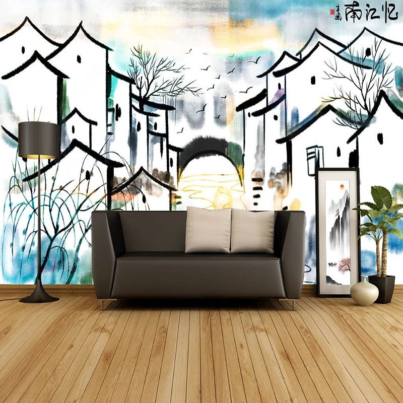 Home Textiles City - ที่กําหนดเองภาพจิตรกรรมฝาผนังวอลล์เปเปอร์สไตล์จีนบทคัดย่อหมึกเมืองภูมิทัศน์ภาพวาดห้องนั่งเล่น Study Home Decor Papel De