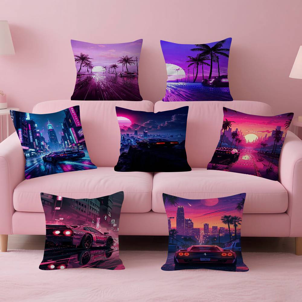 Home Textiles City - นีออนไนท์ซิตี้แลนด์สเคปยุค 80 ไซเบอร์พังค์ปลอกหมอนอิงรถยนต์ 30x50 โพลีเอสเตอร์ หมอนอิงโซฟา
