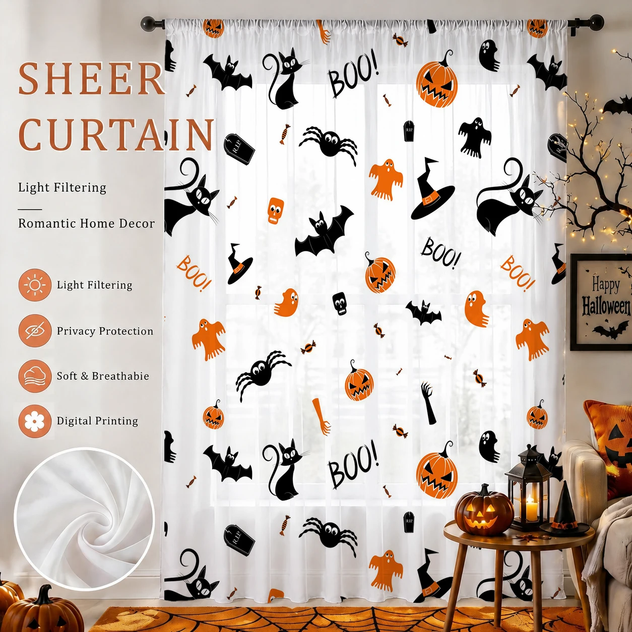Curtain Sheer Voile - ม่านโปร่งแสงสำหรับเทศกาลฮาโลวีน คุณภาพดี ช่วยลดแสงและเพิ่มความเป็นส่วนตัว เหมาะสำหรับห้องนั่งเล่น/ห้องนอน/ห้องเด็ก ของขวัญวันแม่