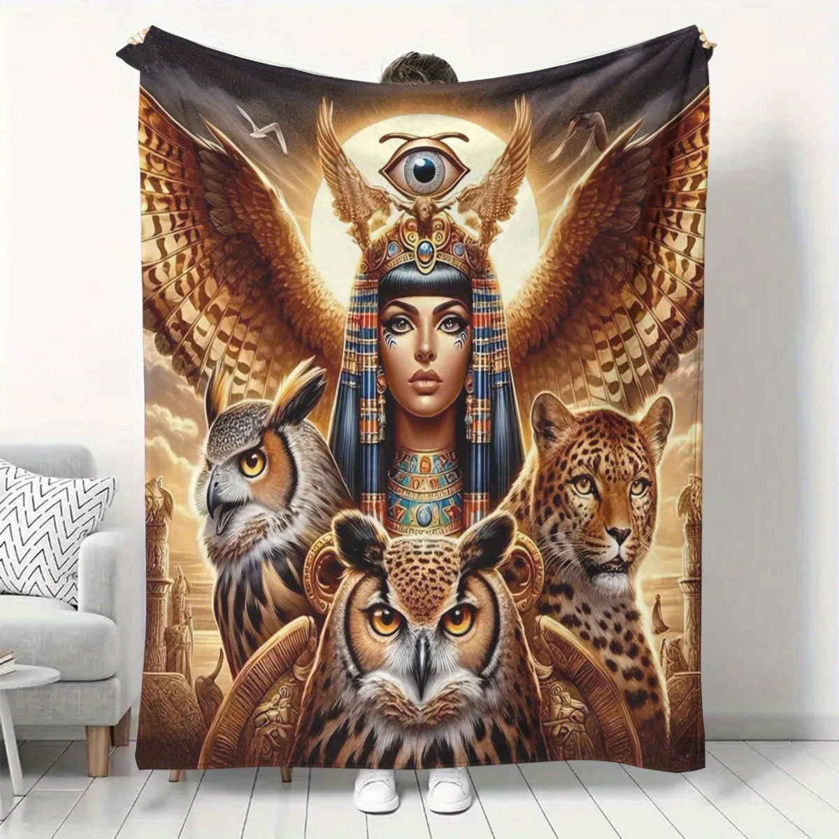 Home Textiles Egypt - ผ้าห่มลายพิมพ์สไตล์อียิปต์โบราณลึกลับ ลายราชินีนกฮูกและเสือดาว ลวดลายวัฒนธรรมย้อนยุค ผ้าฟลานเนล อบอุ่นและสบาย