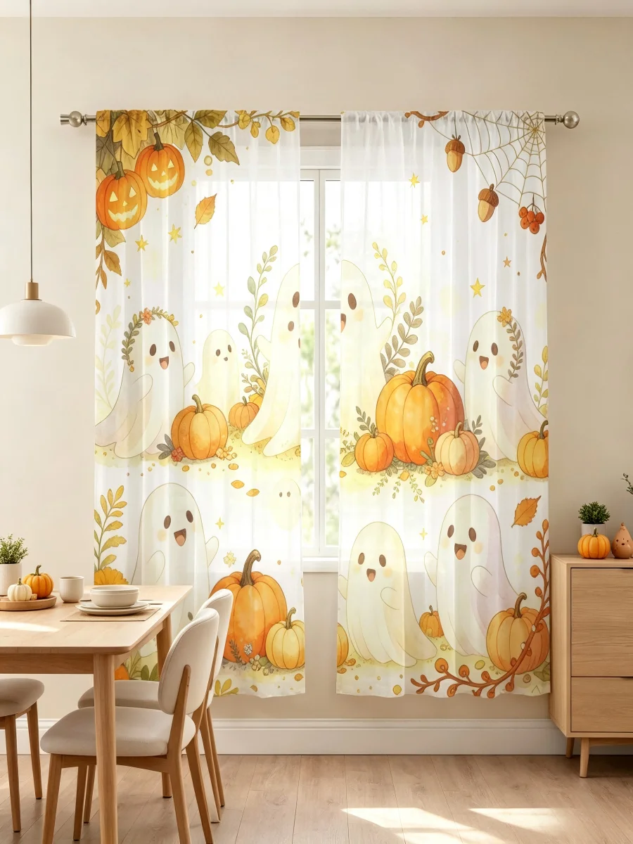 Curtain Sheer Voile - ม่านโปร่งแสงพิมพ์ลายดิจิทัล 2 ชิ้น, ลายผีวิญญาณฤดูใบไม้ร่วง, ฮาโลวีน -